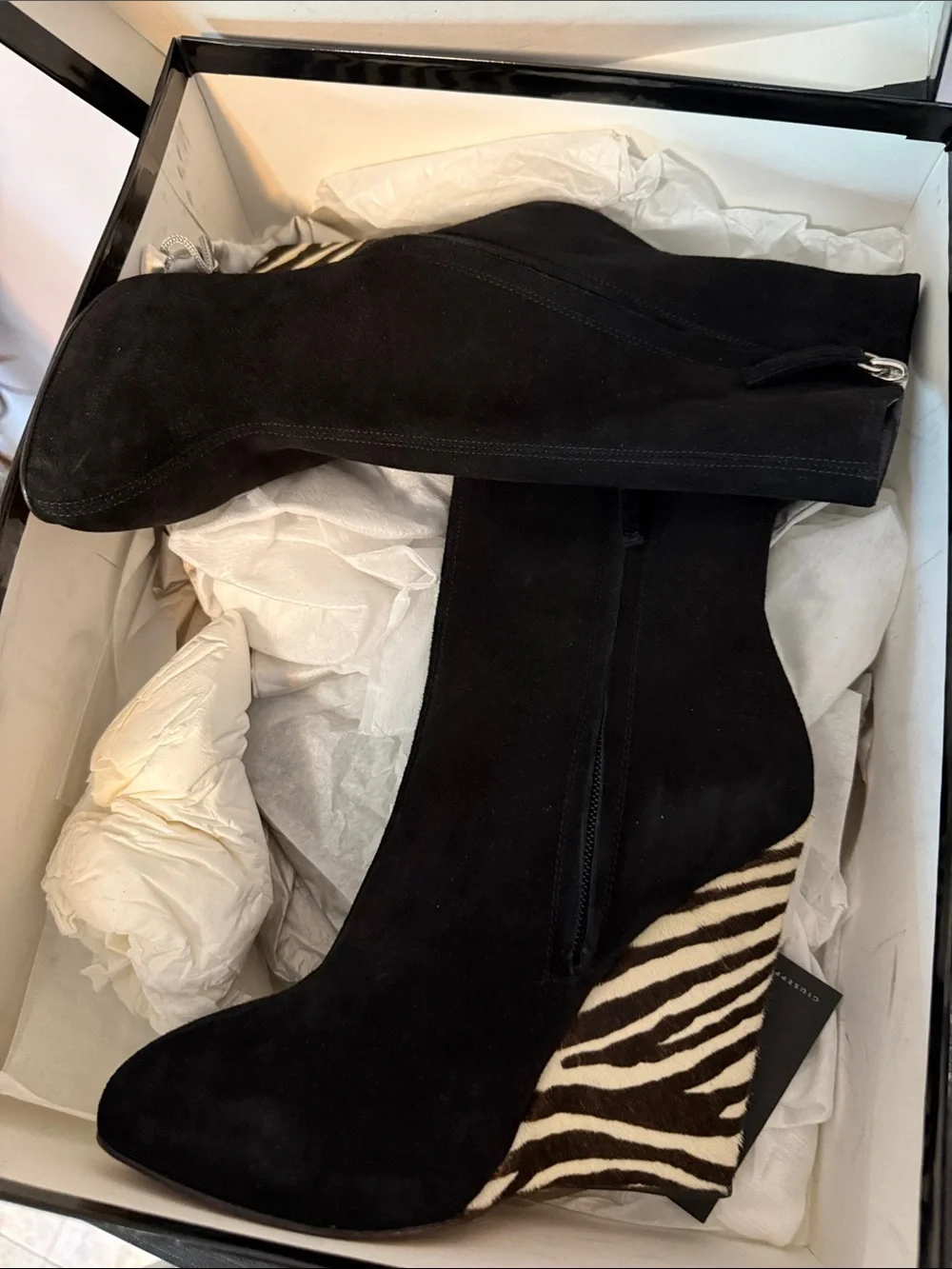 Giuseppe Zanotti Black Suede Ankle Booties with Zebra Wedge